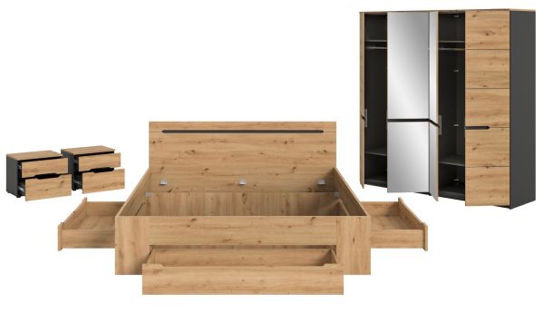 Schlafzimmer Set 4-teilig Cooper in Artisan Eiche und grau mit Kleiderschrank, Bett und 2x Nachttisch, Soft-Close