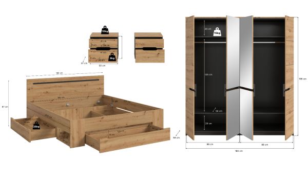 Schlafzimmer Set 4-teilig Cooper in Artisan Eiche und grau mit Kleiderschrank, Bett und 2x Nachttisch, Soft-Close