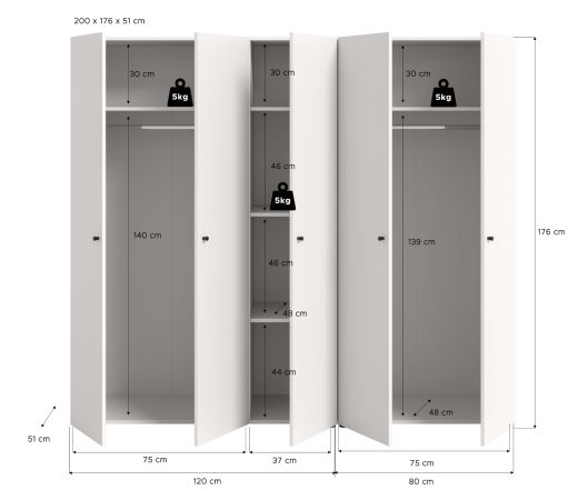 Kleiderschrank Carter in wei� Dreht�renschrank 5-t�rig 200 x 176 cm