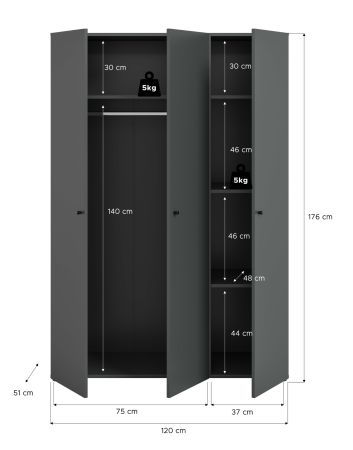 Kleiderschrank Carter in grau Dreht�renschrank 3-t�rig 120 x 176 cm