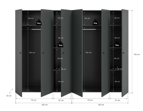 Kleiderschrank Carter in grau Dreht�renschrank 6-t�rig 240 x 176 cm