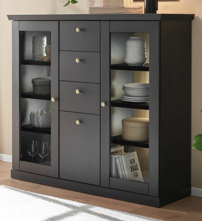 Highboard Filmore in Schwarz matt und Eiche Landhaus 129 x 117 cm, Soft-Close