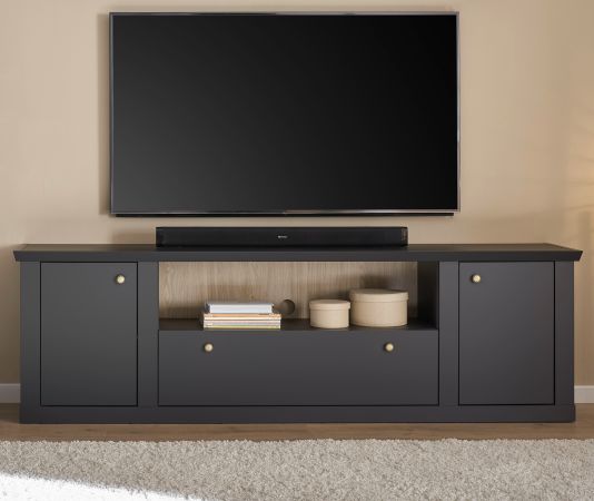 TV-Lowboard Filmore in Schwarz matt und Eiche Landhaus 205 x 62 cm, Soft-Close und Komforth�he
