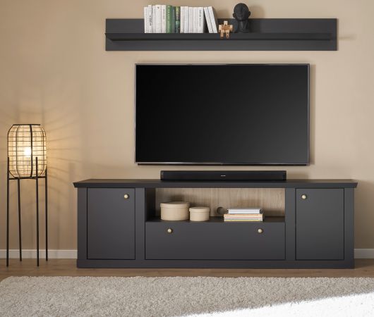 TV-Lowboard Filmore in Schwarz matt und Eiche Landhaus 205 x 62 cm, Soft-Close und Komforth�he