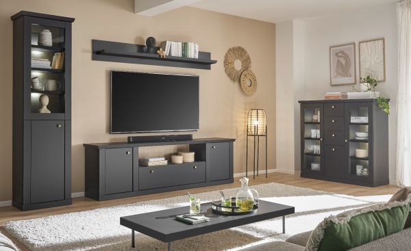 TV-Lowboard Filmore in Schwarz matt und Eiche Landhaus 205 x 62 cm, Soft-Close und Komforth�he