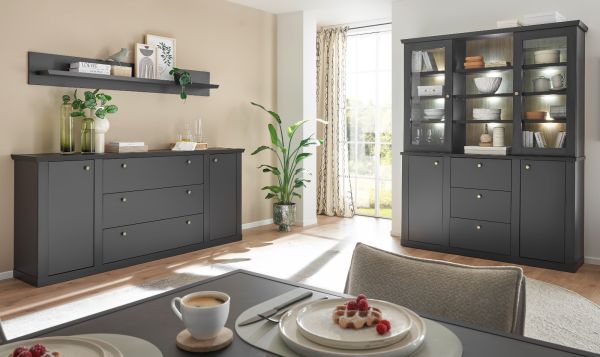 Sideboard Filmore in Schwarz matt Landhaus 205 x 92 cm, Soft-Close