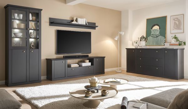 Sideboard Filmore in Schwarz matt Landhaus 205 x 92 cm, Soft-Close