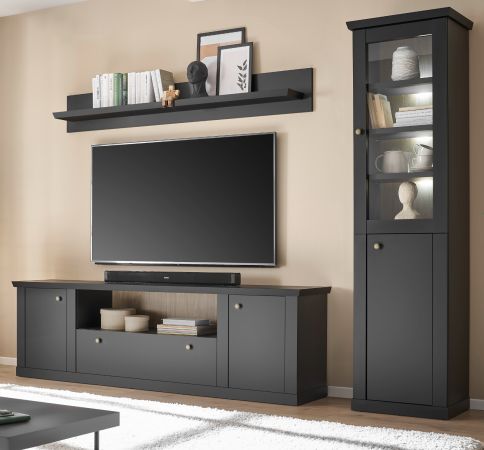 Wohnwand Filmore in Schwarz matt und Eiche Landhaus 270 x 200 cm, Soft-Close
