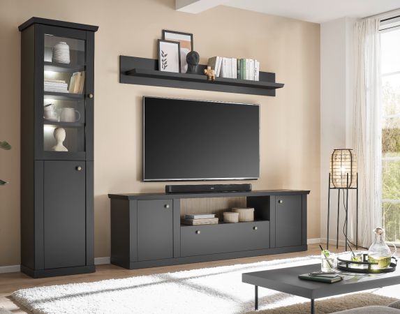 Wohnwand Filmore in Schwarz matt und Eiche Landhaus 270 x 200 cm, Soft-Close