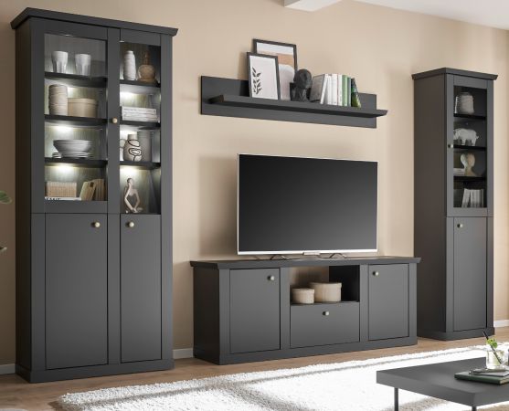 Wohnwand Filmore in Schwarz matt und Eiche Landhaus 319 x 200 cm, Soft-Close