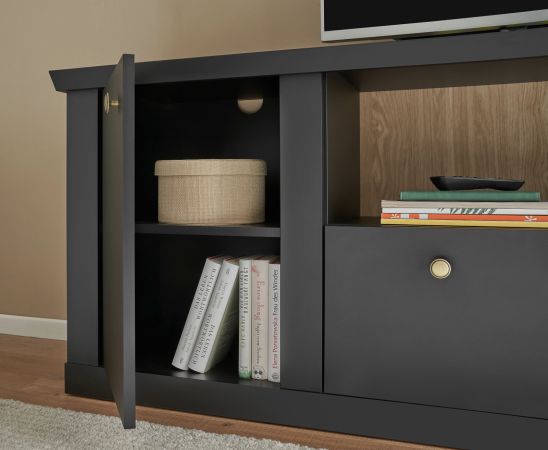 Wohnwand Filmore in Schwarz matt und Eiche Landhaus 319 x 200 cm, Soft-Close
