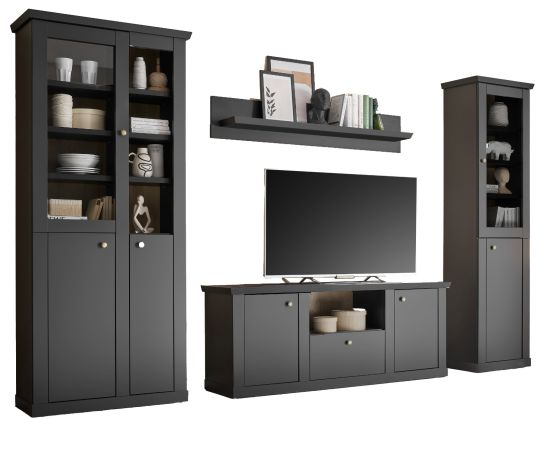 Wohnwand Filmore in Schwarz matt und Eiche Landhaus 319 x 200 cm, Soft-Close