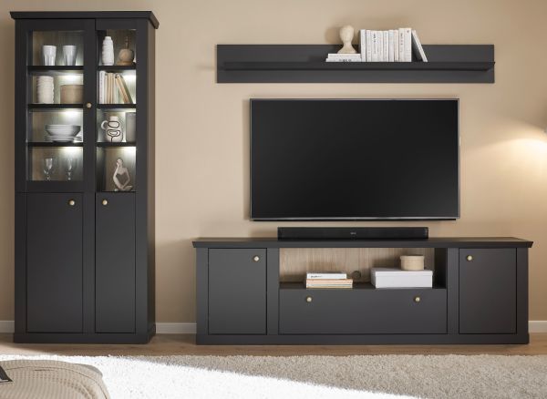 Wohnwand Filmore in Schwarz matt und Eiche Landhaus 301 x 200 cm, Soft-Close