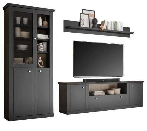 Wohnwand Filmore in Schwarz matt und Eiche Landhaus 301 x 200 cm, Soft-Close