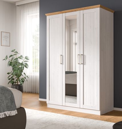 Kleiderschrank mit Spiegel Marina in wei� L�rche und Eiche Artisan Landhaus Dreht�renschrank 3-t�rig 124 x 185 cm