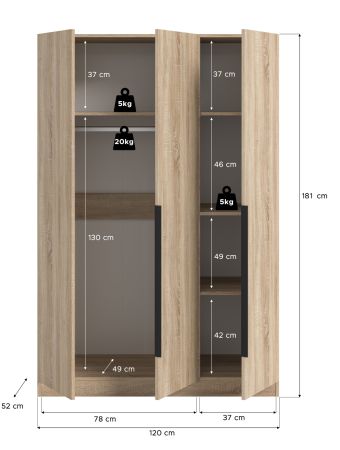 Kleiderschrank Swan in Sonoma Eiche Dreht�renschrank 3-t�rig 120 x 181 cm