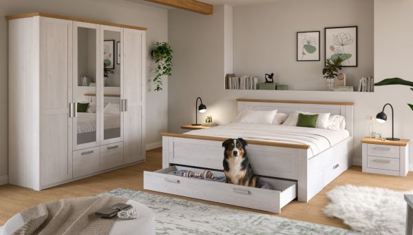 Bett Mirano in wei� L�rche und Eiche Artisan Landhaus Stauraumbett mit 3 x Bettschubkasten Liegefl�che 180 x 200 cm