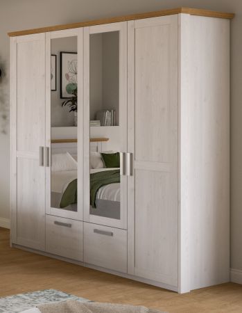Kleiderschrank Mirano in Wei� L�rche mit Eiche, Landhaus Dreht�renschrank 4-t�rig mit Spiegel