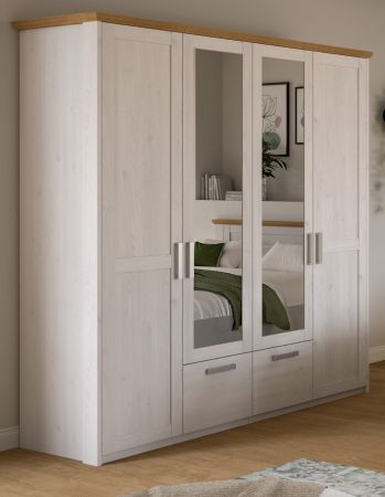 Kleiderschrank Mirano in Wei� L�rche mit Eiche, Landhaus Dreht�renschrank 4-t�rig mit Spiegel