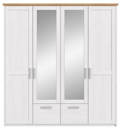 Kleiderschrank Mirano in Wei� L�rche mit Eiche, Landhaus Dreht�renschrank 4-t�rig mit Spiegel