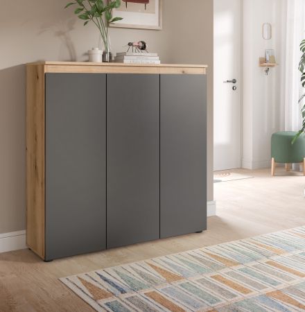 Kommode Assino in Grau und Eiche, 3-t�rig 105 x 111 cm mit 8 Einlegeb�den