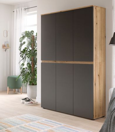 Mehrzweckschrank Assino in Grau und Eiche 105 x 175 cm, 14 Einlegeb�den und Kleiderstange