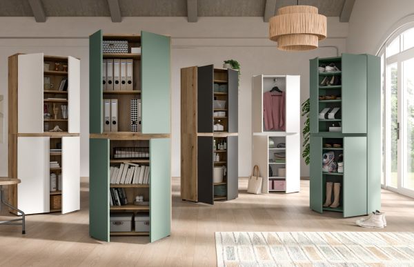 Mehrzweckschrank Assino in Gr�n und Eiche 70 x 175 cm, mit 7 Einlegeb�den und Kleiderstange