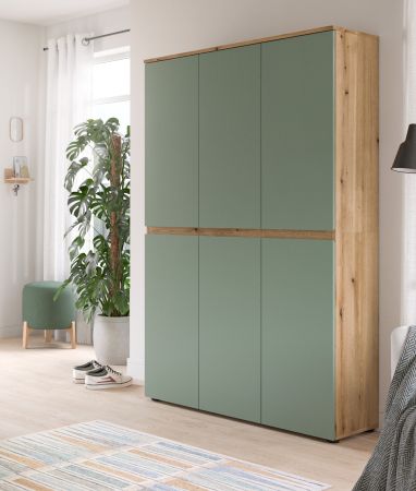 Mehrzweckschrank Assino in Gr�n und Eiche, 6-t�rig 105 x 175 cm mit 14 Einlegeb�den und Kleiderstange