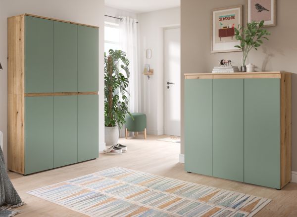 Mehrzweckschrank Assino in Gr�n und Eiche, 6-t�rig 105 x 175 cm mit 14 Einlegeb�den und Kleiderstange