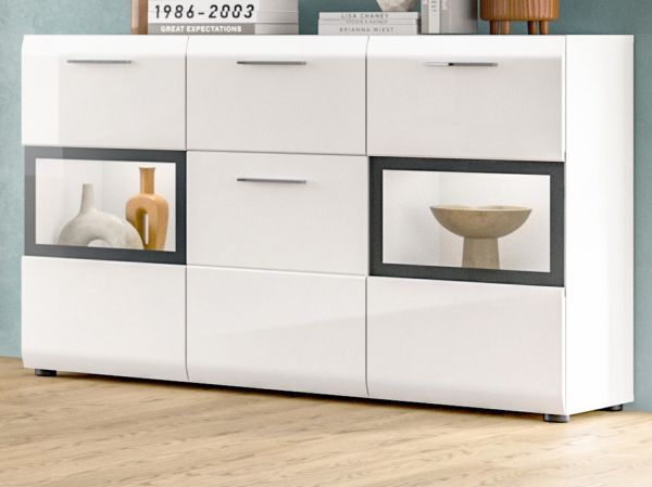 Sideboard Cover in wei� Hochglanz Vitrine 125 x 81 cm