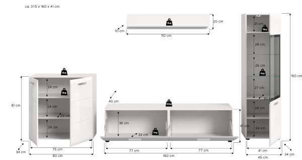Wohnwand Cover in wei� Hochglanz 4-teilig 315 x 160 cm