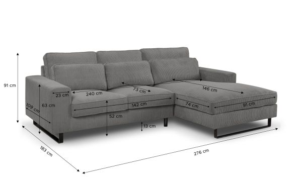 Sofa Valero in grau Cord Ecksofa 4-Sitzer 276 x 183 cm