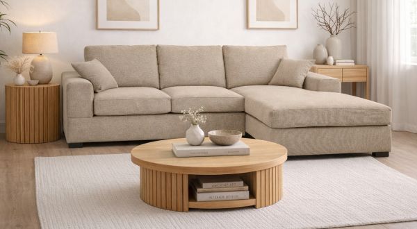 Sofa Novana in beige Strukturstoff Ecksofa 5-Sitzer 308 x 186 cm