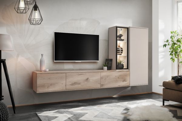 Wohnwand Askim in Viking Eiche und Kaschmir, h�ngend 240 cm mit Push-To-Open, inkl. Beleuchtung