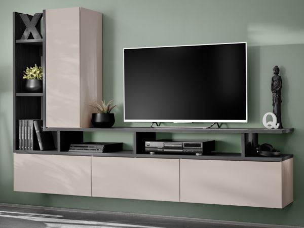 Wohnwand Askim in Kaschmir und Graphit Eiche, Schrankwand h�ngend 210 cm mit Push-to-Open