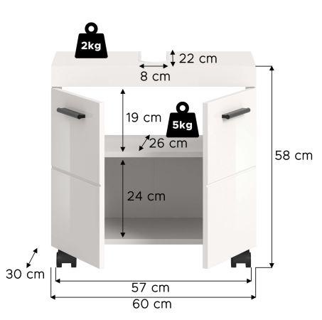 Waschbeckenunterschrank Talerno in wei� Hochglanz, Badschrank 60 x 58 cm auf Rollen
