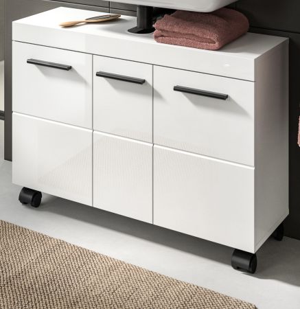Waschbeckenunterschrank Talerno in Wei� Hochglanz, Badschrank 3-t�rig 80 x 58 cm auf Rollen