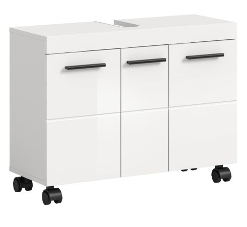 Waschbeckenunterschrank Talerno in Wei� Hochglanz, Badschrank 3-t�rig 80 x 58 cm auf Rollen