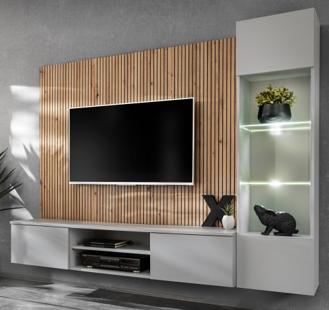 Wohnwand iLike in Hellgrau und Artisan Eiche 200 cm, inklusive LED Beleuchtung und Push-to-Open
