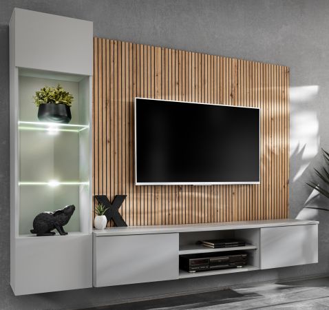 Wohnwand iLike in Hellgrau und Artisan Eiche 200 cm, inklusive LED Beleuchtung und Push-to-Open