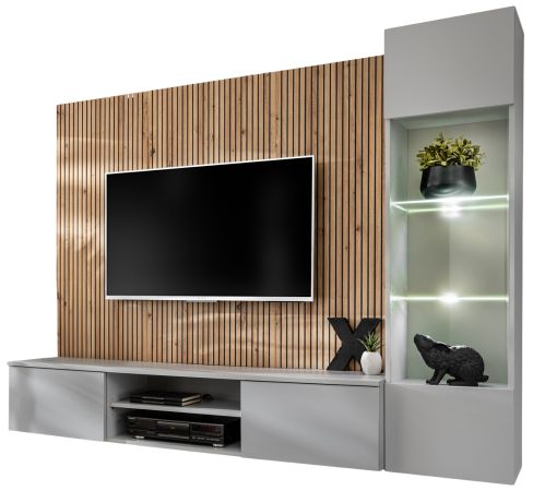 Wohnwand iLike in Hellgrau und Artisan Eiche 200 cm, inklusive LED Beleuchtung und Push-to-Open