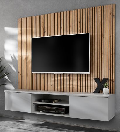 TV-Lowboard Set iLike in hellem Grau und Artisan Eiche 160 cm, Flat-TV Unterschrank mit Akustikpaneel