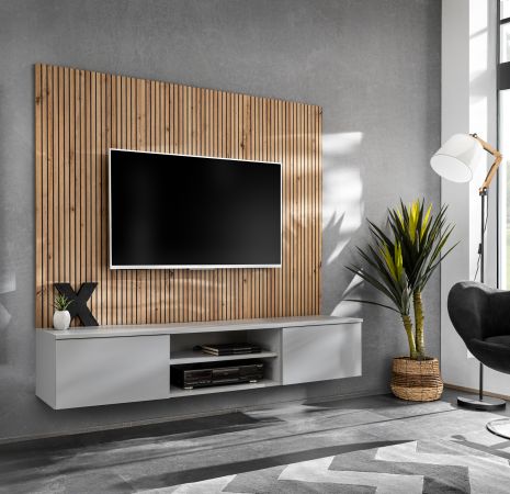 TV-Lowboard Set iLike in hellem Grau und Artisan Eiche 160 cm, Flat-TV Unterschrank mit Akustikpaneel