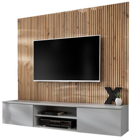 TV-Lowboard Set iLike in hellem Grau und Artisan Eiche 160 cm, Flat-TV Unterschrank mit Akustikpaneel