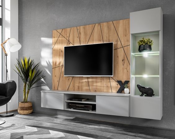 Wohnwand iLike in hellem Grau und Eiche Artisan Breite 200 cm, mit Beleuchtung, Push-To-Open und Soft-Close