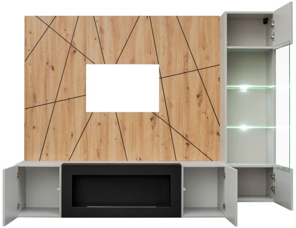Wohnwand iLike in hellgrau, schwarz und Artisan Eiche TV Unterteil mit Bio Ethanol Kamin 200 cm inklusive LED