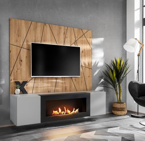 TV-Lowboard Set iLike hellgrau, schwarz und Artisan Eiche TV Unterteil mit Bio Ethanol Kamin und Akustikpaneel 160 cm
