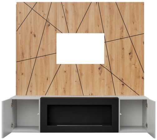 TV-Lowboard Set iLike hellgrau, schwarz und Artisan Eiche TV Unterteil mit Bio Ethanol Kamin und Akustikpaneel 160 cm