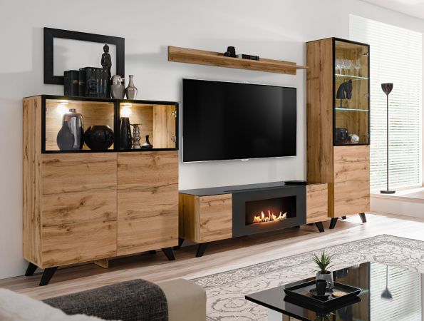 Wohnwand Heritage in Wotan Eiche und schwarz Schrankwand inklusive Kamin und LED Beleuchtung, 330 cm
