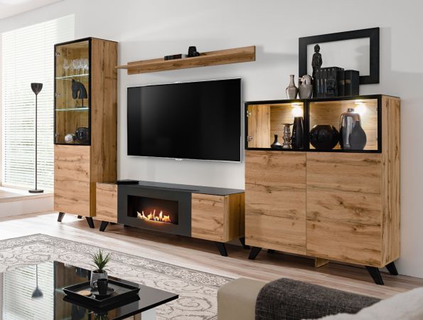 Wohnwand Heritage in Wotan Eiche und schwarz Schrankwand inklusive Kamin und LED Beleuchtung, 330 cm